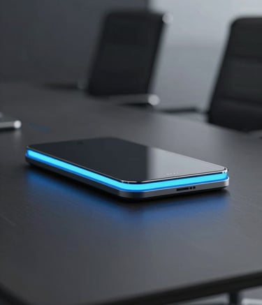 Close-up of a high-tech, minimalist meeting table in a dark premium office. Sleek surfaces, ambient blue #007BFF lighting highlights on the edge of a screen, professional atmosphere inspired by BMW interiors, high-end materials in #1C1C1C.