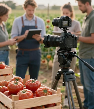 Behind-the-scenes photography in a North American / Western European farm setting. A professional camera on a tripod is focused on a wooden crate of heirloom tomatoes. A team member in professional attire stands blurred in the background, reviewing a content plan on a tablet. Lighting is soft and natural morning sun.
