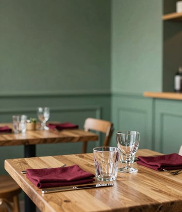 A cozy, Scandinavian-style bistro interior in North American / Western European. Soft daylight illuminates wooden tables and forest green accent walls. Deep crimson napkins and artisanal glassware are meticulously arranged. High-end, inviting photography.