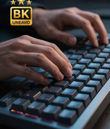 Close-up of a professional software developer's hands working on a high-end mechanical keyboard. The lighting is moody and sophisticated, with soft blue and muted ocean blue light reflecting off the keys. The style is modern and professional.