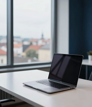 A clean, minimalist workspace in Brno, Czechia. A sleek laptop sits on a polished white desk. In the background, a large window reveals a soft-focus view of the city. The room features subtle steel blue and dark navy accents, captured in professional, sharp-focus photography.