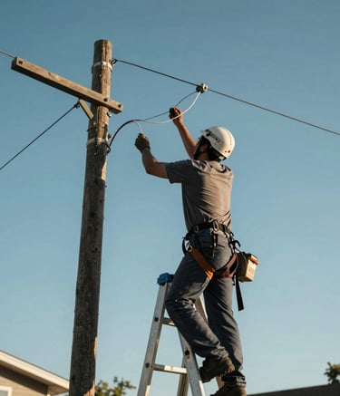 A low-angle shot of a utility worker on a ladder inspecting fiber optic lines against a clear blue sky in a North American suburban setting.