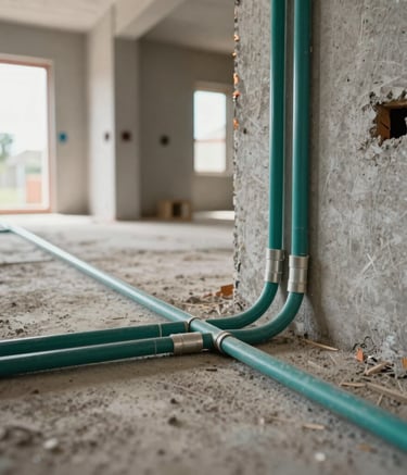 A professional South American / Brazilian residential construction site showing a clean and safe environment, focusing on the newly installed electrical conduits and wiring, soft natural lighting, modern architectural style, teal and gray color palette.