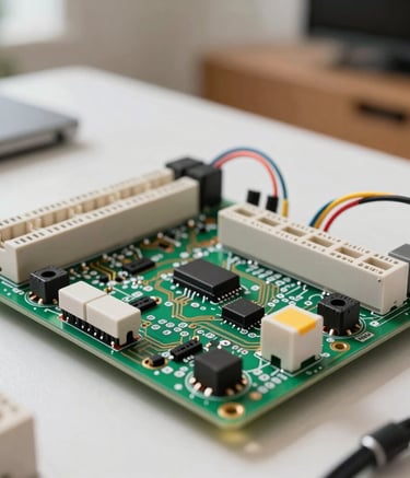 A detailed, sharp photography of a neatly organized electrical circuit board in a modern South American / Brazilian home, showing color-coded wires and precise labeling, professional and high-standard workmanship, bright and clean composition.