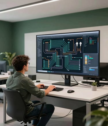 A wide-angle shot of a South American / Brazilian electrical designer in a professional office, working on a large screen displaying complex circuit layouts, modern minimalist decor with dark green and white accents, bright soft lighting.