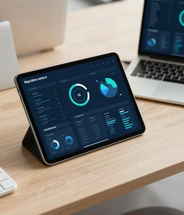 A top-down view of a high-tech workstation in a Casablanca office, featuring a tablet with digital marketing dashboards and a sleek laptop. The scene is bathed in warm natural light, incorporating the palette colors #FDF8ED and #0F3D4D. Professional and technical atmosphere.