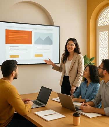A dynamic shot of a creative team meeting in a modern Casablanca agency. A large monitor shows a web design in progress. The room features a blend of minimalist international style and Moroccan architectural details, with accents of #D27E3B and #E9C46A.