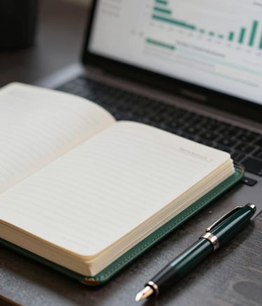 A close-up shot of a leather-bound planner and a sleek modern fountain pen on a polished dark desk. In the background, a blurred screen shows professional financial charts. The atmosphere is sophisticated and strategic, featuring the brand's dark green (#1D3534) and off-white (#F0F3F3) tones.