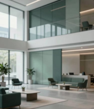 A sophisticated, high-end office lobby with minimalist furniture and glass walls. The lighting is bright and professional, utilizing the brand's palette with subtle sage accents (#A2B9B8) and deep charcoal-green shadows (#1D3534). No people, focus on architectural cleanliness and trust.