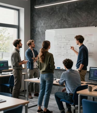 A group of professional software engineers in Eastern Europe collaborating in a sleek studio. They are looking at a whiteboard with app flow diagrams. The room is modern with dark slate gray accents and steel blue furniture. Natural light from large windows.