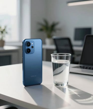A modern, sunlit office space in Kyiv, Ukraine, with a professional yet approachable vibe. A desk features a high-end Android smartphone next to a glass of water. The color palette includes steel blue and light blue accents. Professional photography, soft morning light.