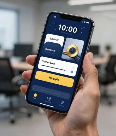 Close-up photography of a professional hand holding a sleek smartphone in a high-tech North American office. The screen displays a sophisticated mobile app interface with deep blue and golden yellow accents, in sharp focus.