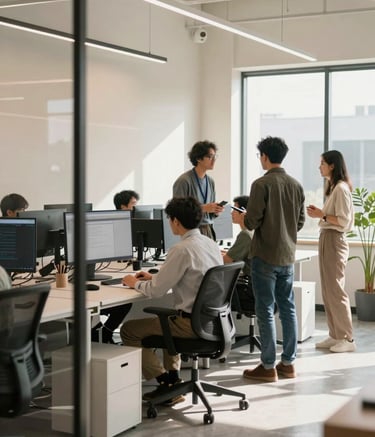Professional photography of a bright, modern software development studio in the North American US. A group of tech professionals in business casual attire are collaborating in a space featuring cream-colored walls and sleek glass partitions, with soft, natural daylight.