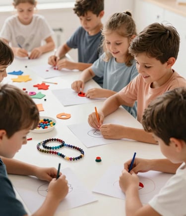 A group of happy Southern European children engaged in a creative workshop. Bright, clean aesthetic, high-quality materials like fabrics and beads. The atmosphere is festive but organized and premium, with warm Mediterranean light.