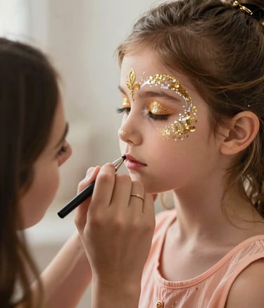 A sophisticated professional face painting session. A focused stylist with professional tools applying elegant glitter designs to a child. Southern European setting, soft natural light, peach and gold tones in the background, bokeh effect.