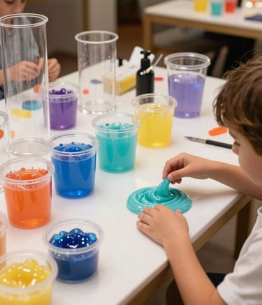 A vibrant and elegant Slime PRO workshop station in a luxury Spanish venue. High-quality transparent materials, glitter, and personalized containers. Professional lighting, focused on a Southern European child's hands creating slime, modern and artistic composition.