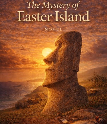 Novel book cover for The Mystery of Easter Island by Marco Di Caprio featuring a stone Moai statue at sunset.