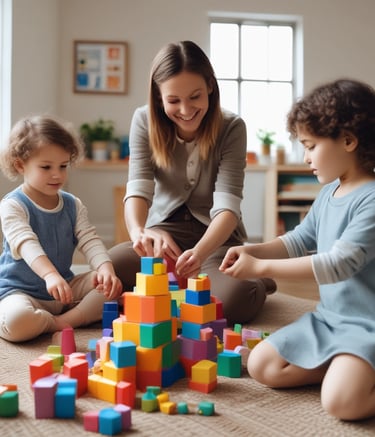 Bright and cheerful preschool classroom with pastel blue walls and playful decorations