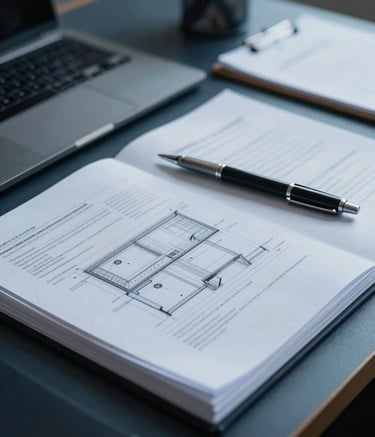 An organized desk with a focus on administrative tools and architectural documents in a Brazilian professional setting. The image uses shades of dark blue and gray-blue to convey a sense of reliability and technical expertise.