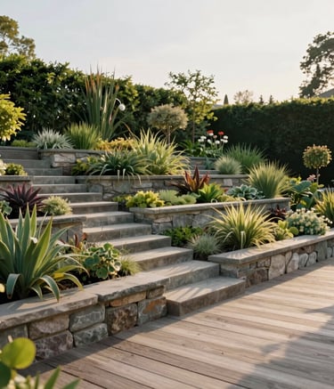 Wide angle shot of a beautifully maintained garden landscape in Germany, featuring multi-level stone terraces, diverse green plants, and a clean wooden deck, shot during the golden hour with soft shadows.
