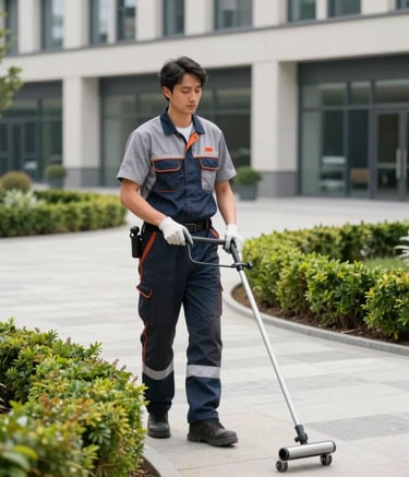 A professional groundskeeper in high-quality work attire maintaining the outdoor area of a modern Central European commercial building, clean stone walkways, perfectly trimmed shrubs, bright daylight, emphasizing reliability and meticulous care.