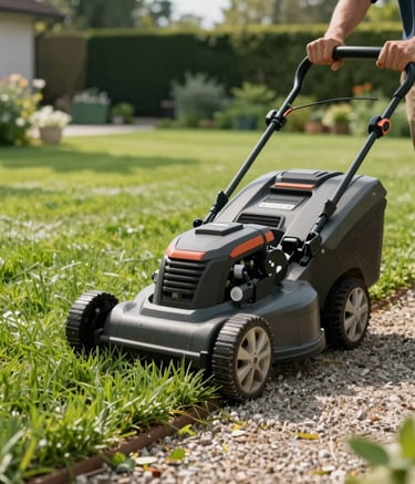 Close-up of professional garden maintenance in a residential Central European setting, a high-end lawnmower creating clean stripes on a lush green lawn, sharp edges against a gravel path, soft morning sunlight, forest green and tan palette.