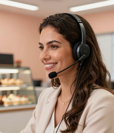 A South American Brazilian professional woman wearing a modern headset, smiling warmly in a bright office space, soft peach tones in the background with a blurred view of a confectionery display, high-end photography.