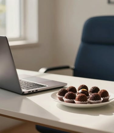 Professional South American Brazilian office setting where a desk features a modern laptop and a plate of gourmet brigadeiros, warm sunlight, inviting and efficient atmosphere, palette of off white and dark blue.