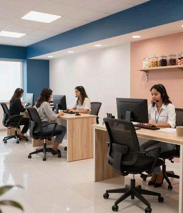 Wide shot of a clean and modern South American Brazilian customer service center with ergonomic furniture, decorated with subtle elements of a bakery like glass jars of sweets, professional lighting, blue and peach accents.