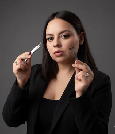 Artista profesional de pestañas sosteniendo pinzas de precisión y pestañas postizas