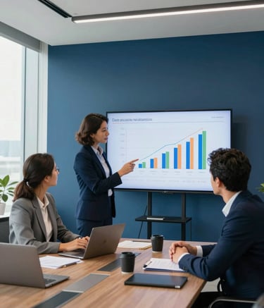 A wide-angle professional photograph of a strategic business meeting in a modern Brazilian office. Two professionals in smart attire are discussing sales metrics on a digital screen. Bright, natural lighting creates a clean, sophisticated atmosphere with deep blue accents.