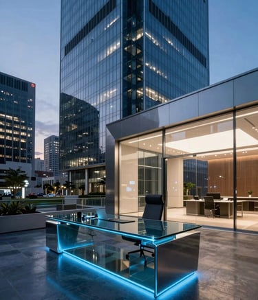 A sleek, modern North American office inside a skyscraper at dusk, vibrant indigo and cyan lighting illuminating a polished glass desk, premium futuristic atmosphere, wide-angle photography.