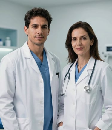 A professional medical portrait in a modern, clean Latin American clinic. A male orthopedist and a female pain management specialist, both in white medical coats, standing side-by-side with professional authority and empathy. Soft lighting, minimal background with medical blue and light gray accents.