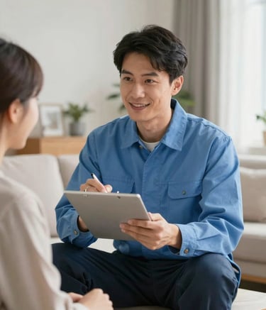 A lifestyle photograph of a friendly electrician in a soft blue uniform discussing a service plan with a customer in a bright, modern North American living room. The atmosphere is calm, trustworthy, and helpful.