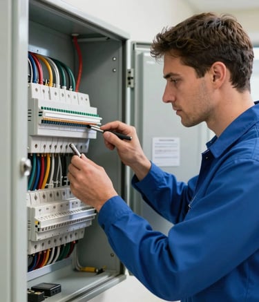 A close-up photography shot of a professional electrician in a clean soft blue uniform meticulously inspecting a modern, organized electrical panel in a North American home. The lighting is bright and clear, emphasizing safety and precision.