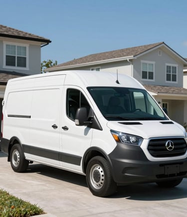 A bright, high-resolution photo of a clean white service van parked in a sunny North American driveway in Orlando. The scene is approachable and professional, featuring modern residential architecture and a clear blue sky.