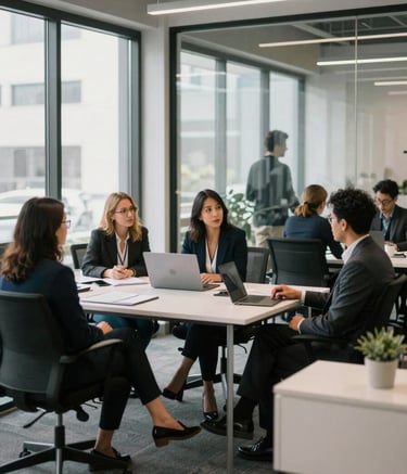 Photography of a diverse group of strategic marketing consultants in a collaborative North American / US workspace, glass walls, modern furniture in jet black and white, soft natural lighting, professional atmosphere.