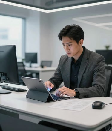 Photography of a modern professional analyzing complex data on a sleek tablet in a bright North American / US office setting, high-end desk, minimalist white and charcoal grey interior, steel blue lighting accents.
