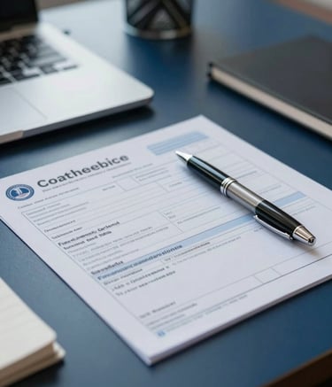 A close-up of a professional desk in a South American office, featuring vehicle registration forms, a modern pen, and a polished environment with steel blue and dark navy tones, evoking efficiency and trust.