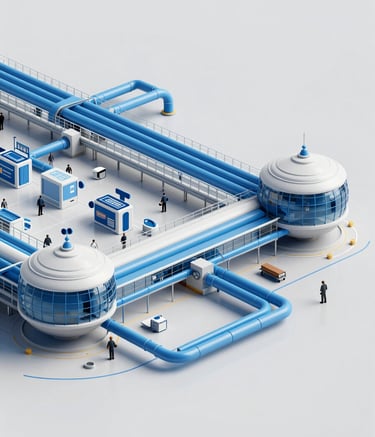 A sophisticated 3D MEP (Mechanical, Electrical, and Plumbing) coordination model for a modern UAE airport terminal. The image shows intricate piping and ductwork color-coded in shades of blue (#244B73, #6B9ECF) against a clean grey background, showcasing technical precision and structural complexity in a professional digital format.
