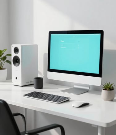 Clean, minimalist photography of a bright North American / US digital marketing studio. The scene includes high-end technology and soft cyan accents, showcasing a professional and innovative workspace.