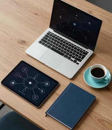 A top-down shot of a minimalist wooden desk featuring a high-end laptop, a tablet showing networking diagrams, and a cup of coffee. Accents in Soft Celadon Blue and Deep Slate Blue provide a sophisticated, professional vibe.