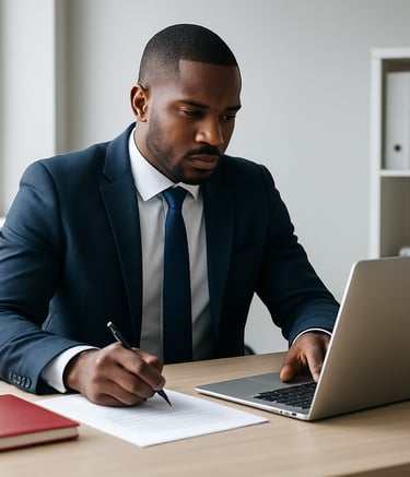 A professional business consultant in a deep navy blue suit working in a modern, sun-lit office with light gray walls. High-end editorial photography style with white and red accents.