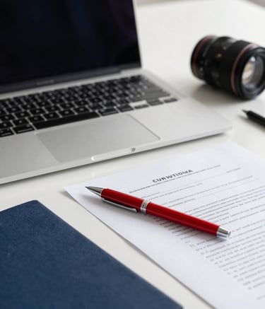 Close-up of a organized workspace with a high-end laptop, a premium red pen, and official-looking documents on a white desk. Soft professional lighting, clean and premium atmosphere with deep navy blue accents.