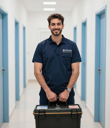 A friendly and professional technician with a toolbox standing confidently in a clean, modern hallway in Al Qasimia, Sharjah. Bright, airy composition with navy blue and light blue brand colors.