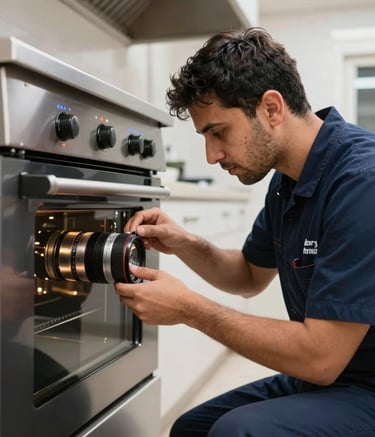 A professional technician in a navy blue uniform meticulously repairing a large oven in a modern Middle Eastern kitchen. The lighting is bright and clear, reflecting a reliable and efficient service environment in Sharjah.