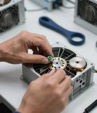 A detailed close-up of a technician's skilled hands adjusting the delicate internal components of a cooling system. Professional atmosphere, Middle Eastern Gulf setting, featuring a clean workbench and navy blue tools.