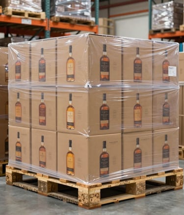 Stacks of soft drink crates being loaded into a shipping container at a warehouse.