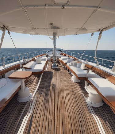 Instructor demonstrating safety equipment use on a yacht deck.