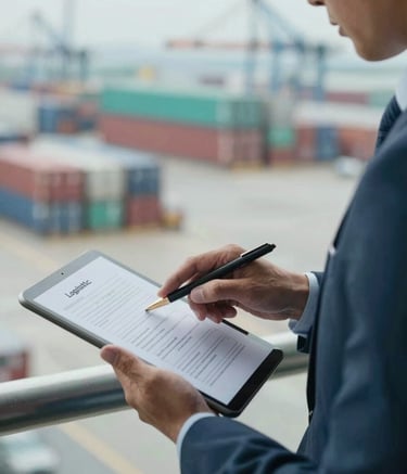 A close-up shot of a professional consultant in North American business attire reviewing logistics documents on a tablet. The background shows a soft-focus view of a shipping terminal. Mist Blue and Steel Teal colors visible in the environment.